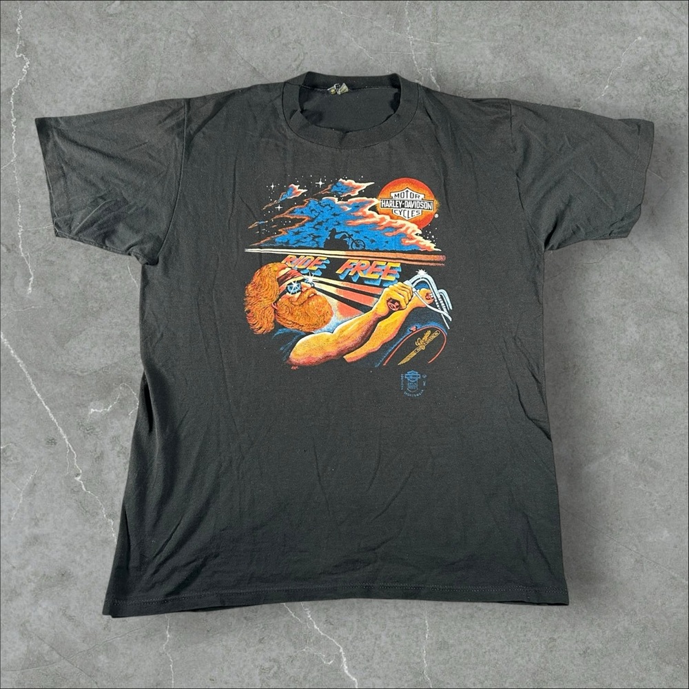 Vintage Harley-Davidson Shirt Mens XL Black 1980s Ride Free Single Stitch‎ 3D